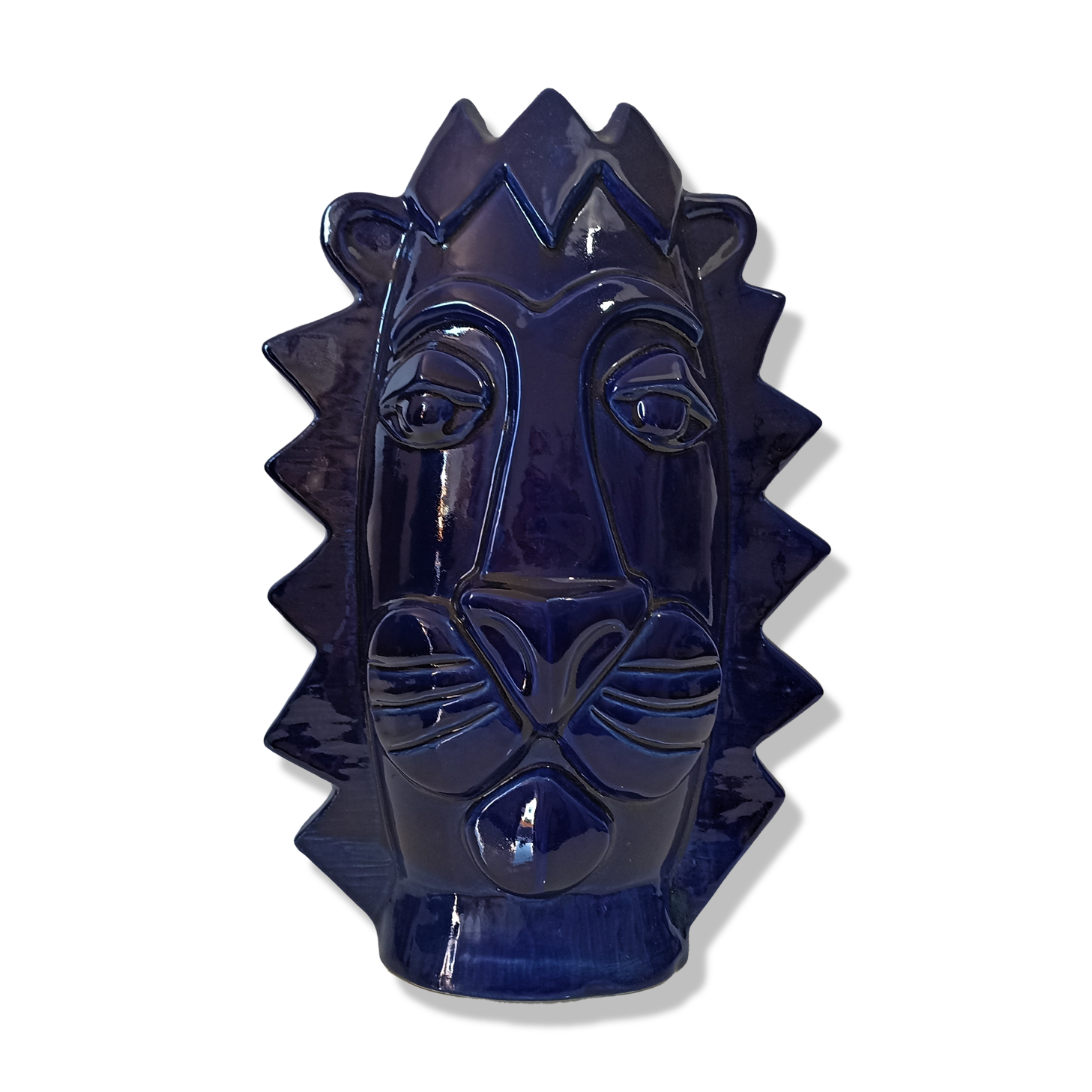 Lion vase blue glazed earthenware design XXe Sandra Corina Paris