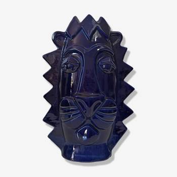 Vase Lion faïence émaillée bleue design XXe Sandra Corina Paris