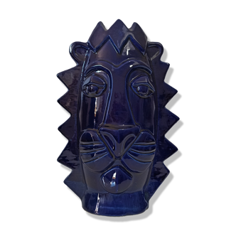 Lion vase blue glazed earthenware design XXe Sandra Corina Paris