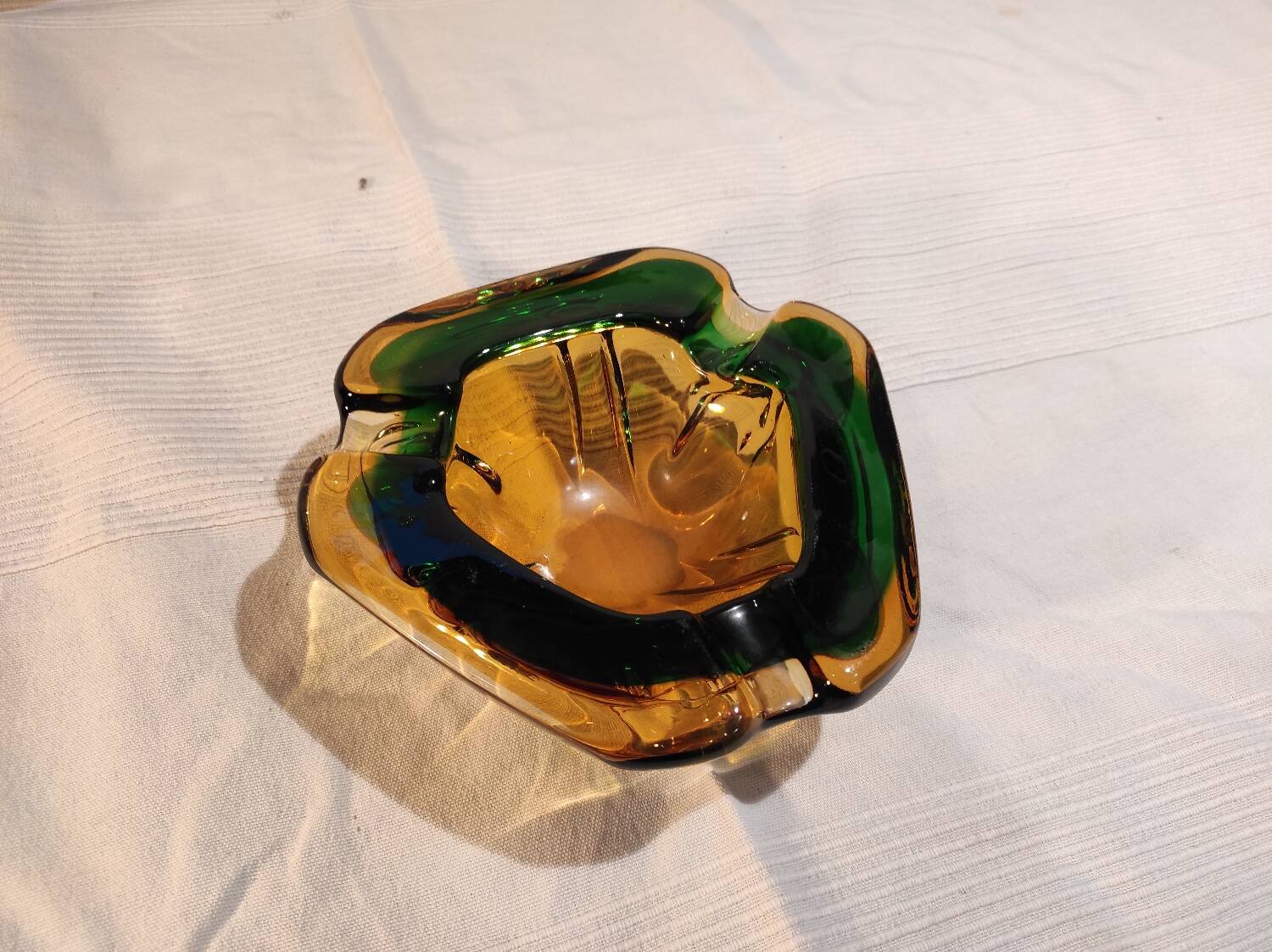 Murano green and yellow blown glass ashtray, 1970