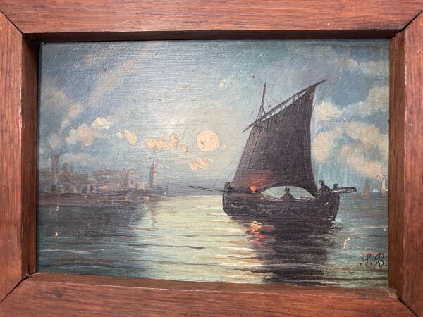 Peinture. Huile sur bois. Marine nuit clair de lune bateau de pêche
