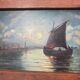 Painting. Oil on wood. Seascape, night, moonlight, fishing boat