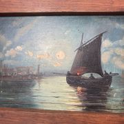 Painting. Oil on wood. Seascape, night, moonlight, fishing boat