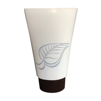 Vase en céramique de forme évasée blanc et marron motif de feuille - 40 cm