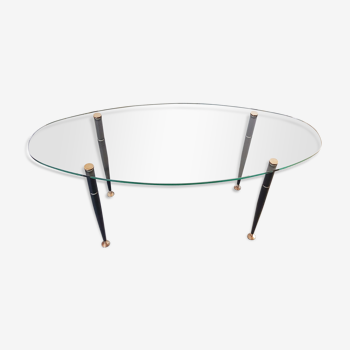 Table basse 1950 ovale en verre acier et laiton