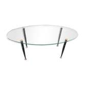 Table basse 1950 ovale en verre acier et laiton