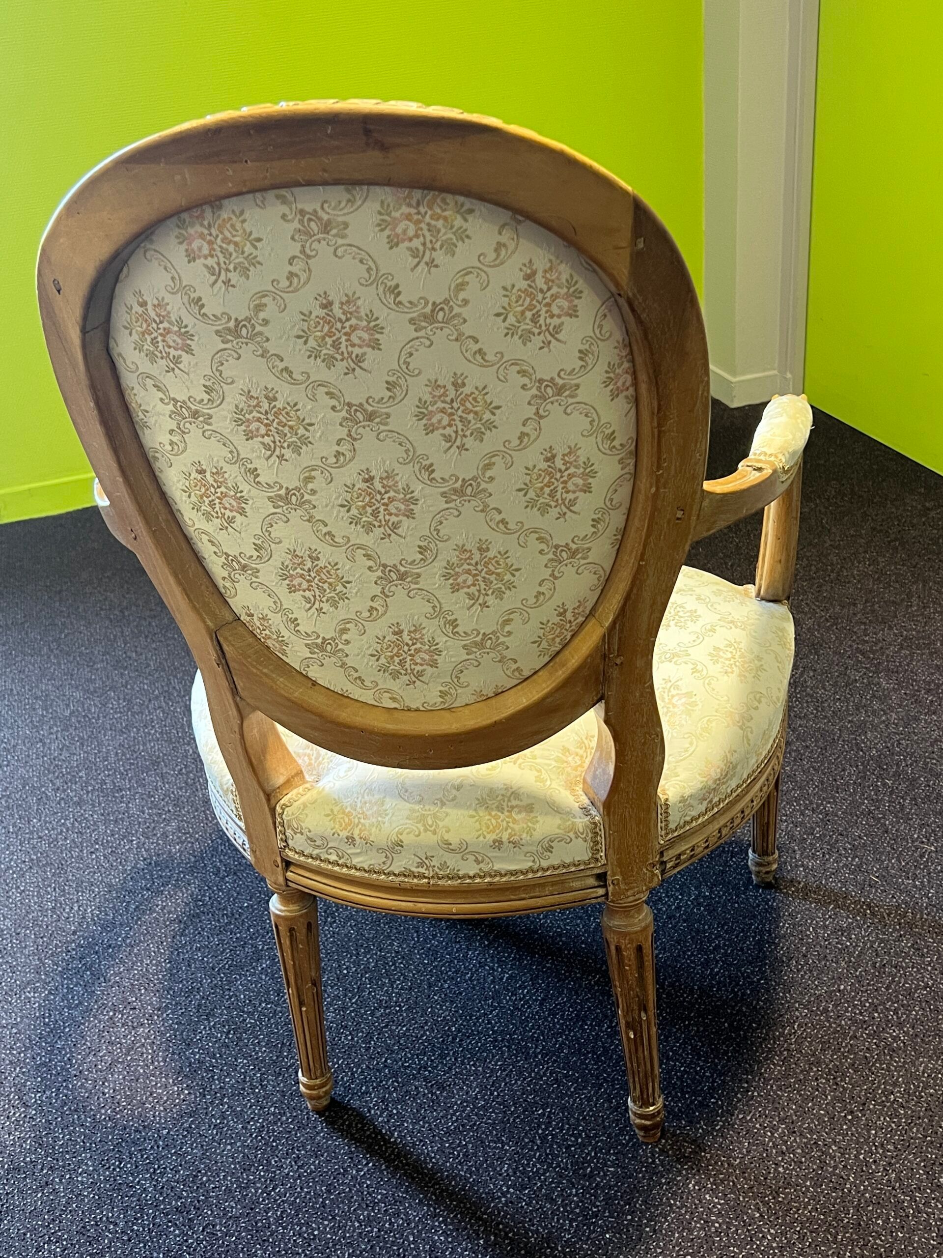 Pair of Louis XVI style armchairs, in solid walnut, re-edged and upholstered, pegged