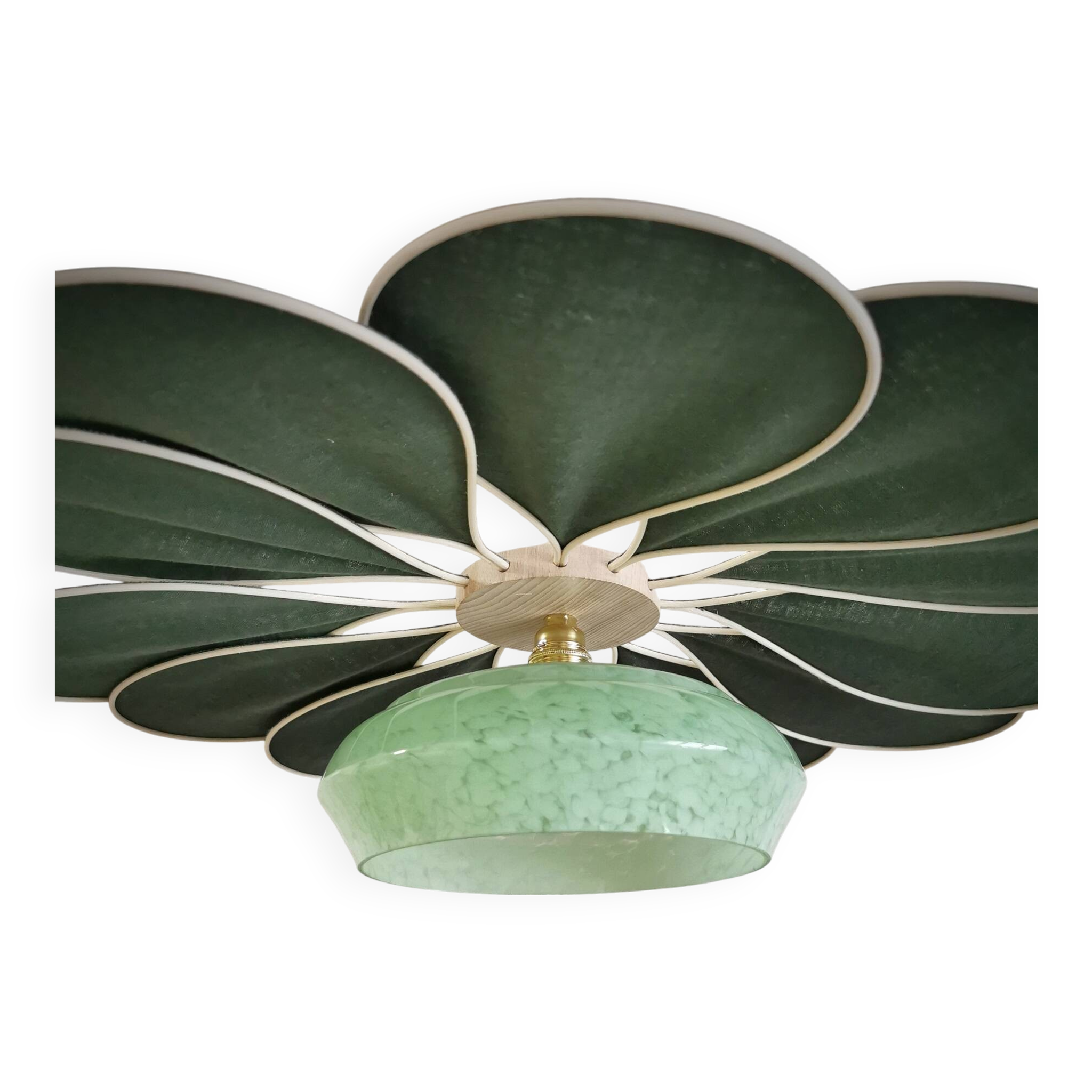 Rattan and Green Linen Flower Pendant Light and Vintage Clichy Glass Globe
