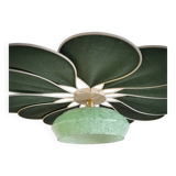 Rattan and Green Linen Flower Pendant Light and Vintage Clichy Glass Globe