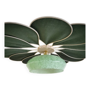 Rattan and Green Linen Flower Pendant Light and Vintage Clichy Glass Globe