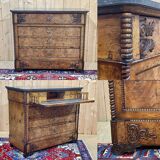 Commode secrétaire du XIXème en loupe d'orme, sapin et dessus marbre noir
