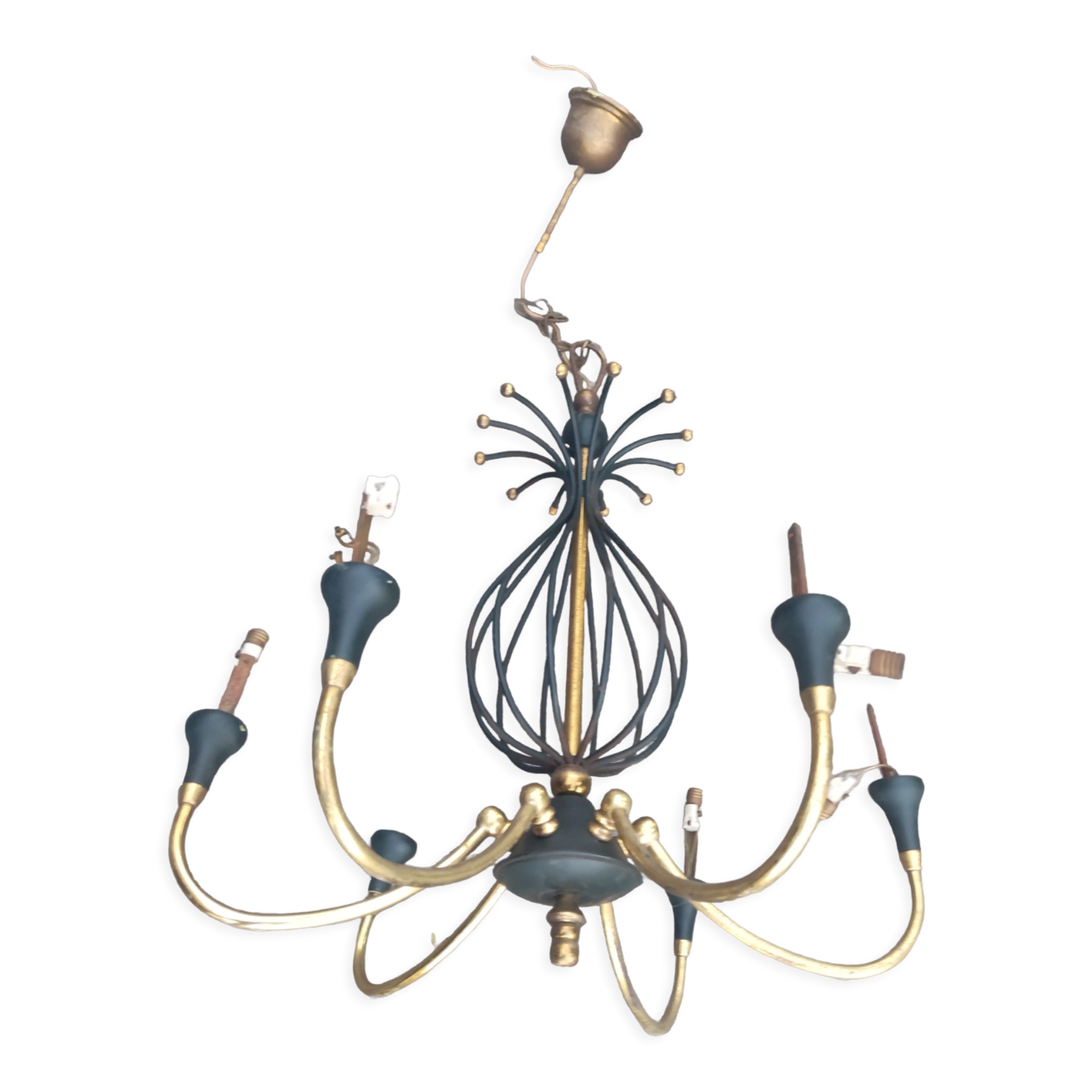 Lustre italien cage file d'acier et laiton sputnik vintage