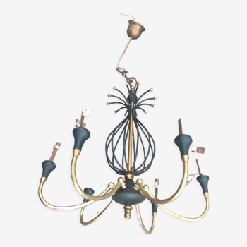 Italian chandelier steel wire cage and vintage sputnik brass