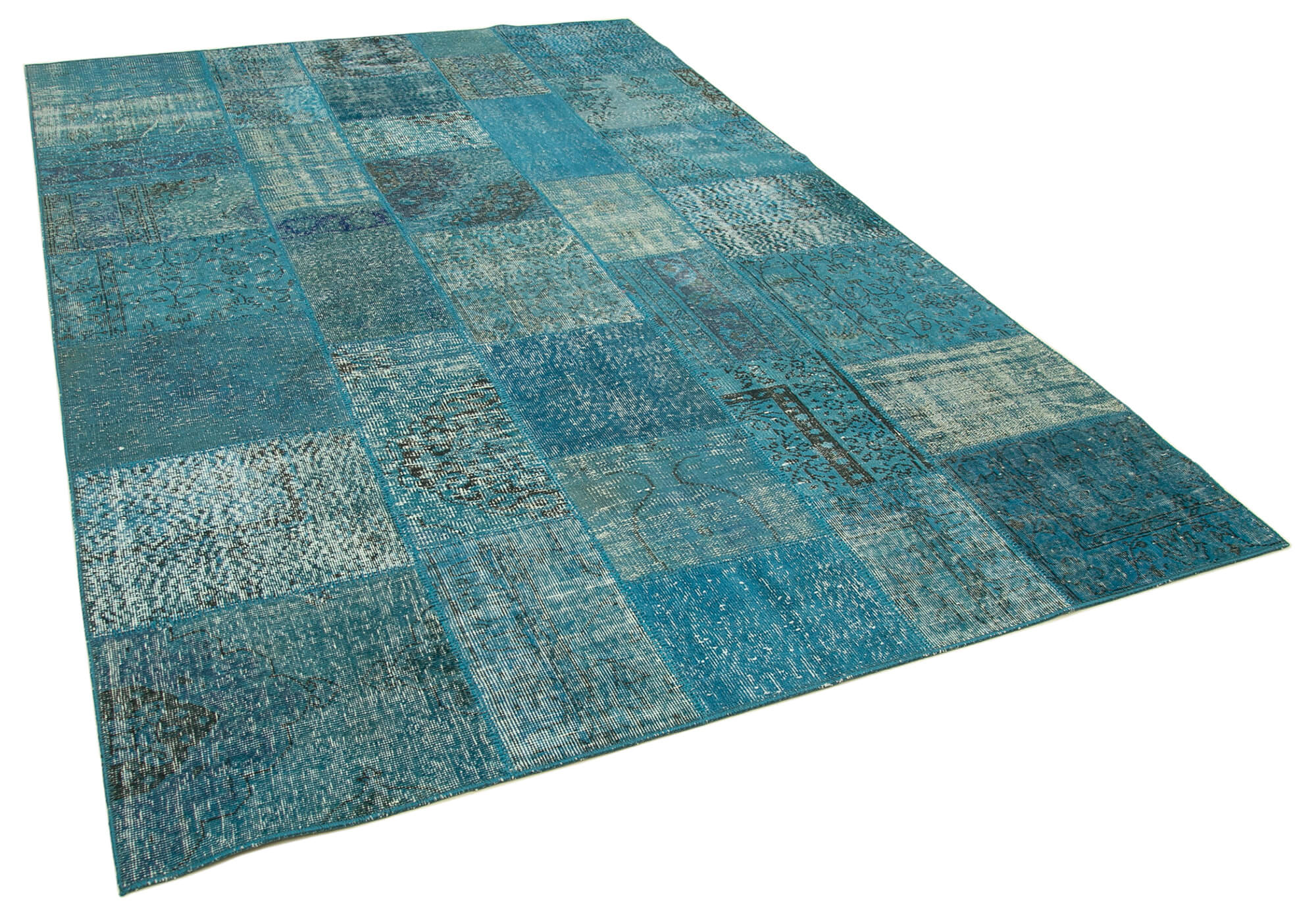 Handwoven anatolian contemporary 200 cm x 297 cm blue patchwork carpet