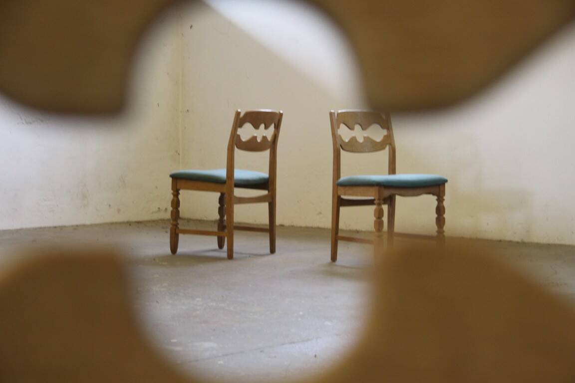 1960s Danish brutalist oak Razorblade dining chairs attributed to Henning Kjærnulf