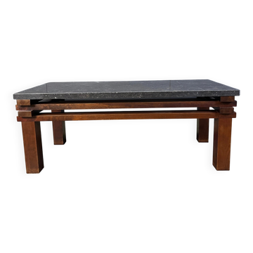 Table basse vintage en bois avec plateau en pierre, années 1970