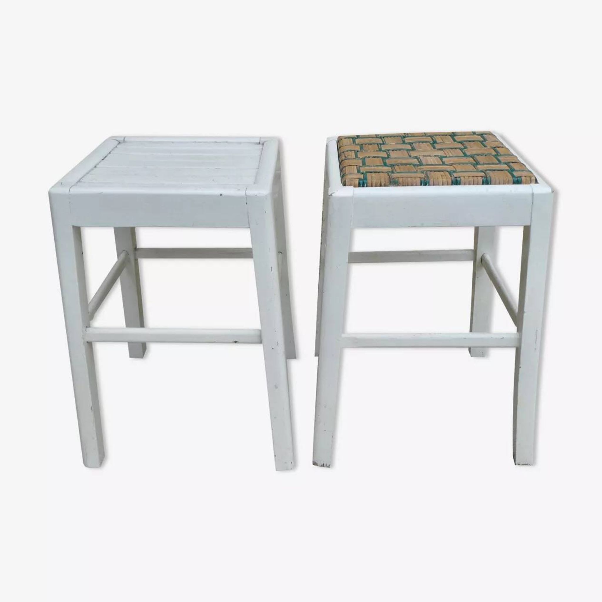 Pair of wooden stools, white patina, circa 1950