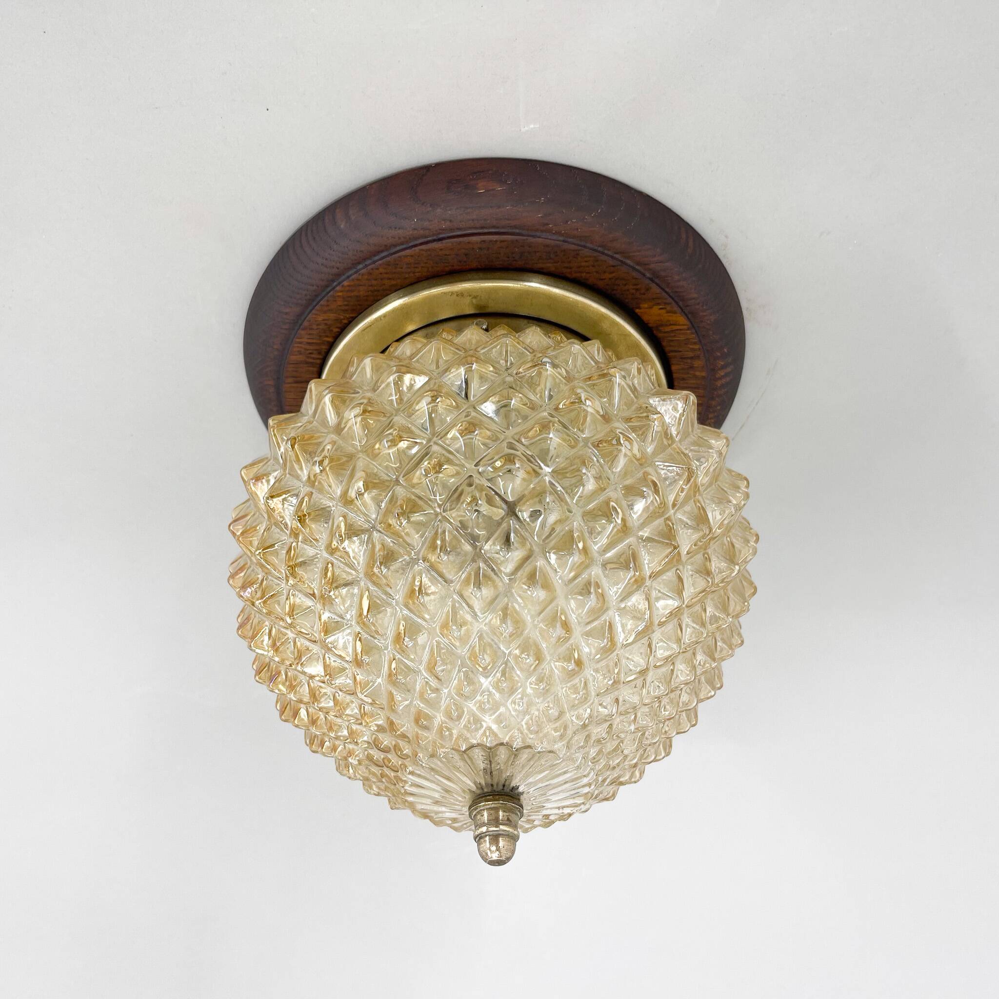 Mid-century wood & glass flush mount, 1960's