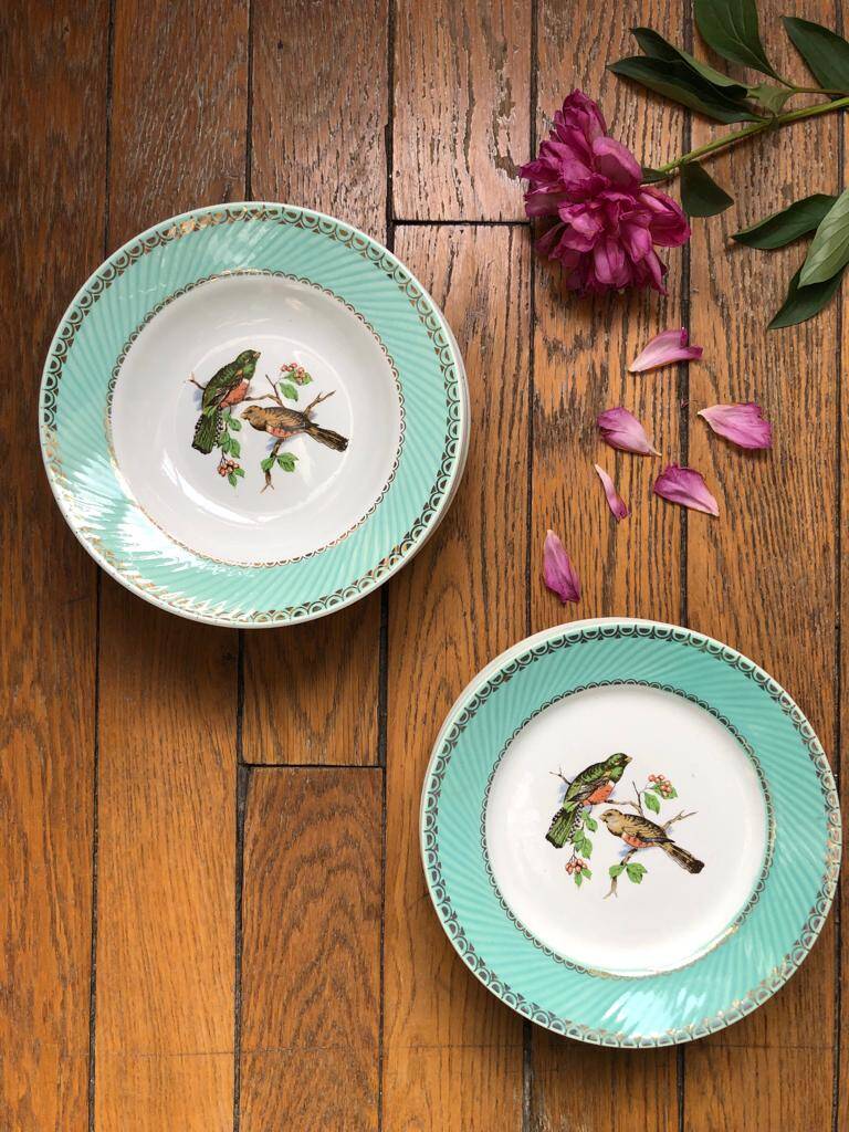 Set of 8 flat plates from the 50s-60s, turquoise rim and bird pattern.