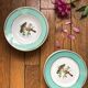 Set of 8 flat plates from the 50s-60s, turquoise rim and bird pattern.