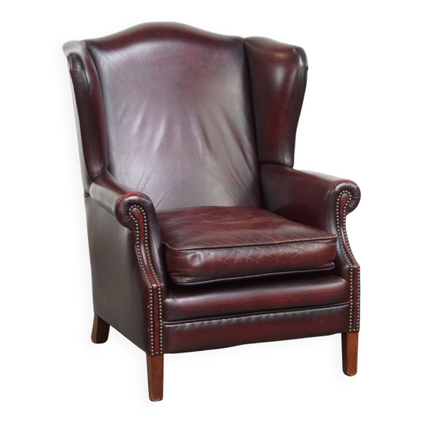 Fauteuil à oreilles en cuir de vache rouge bordeaux de style anglais
