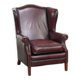 Bordeaux Red Cowhide Wingback Chair in English Style