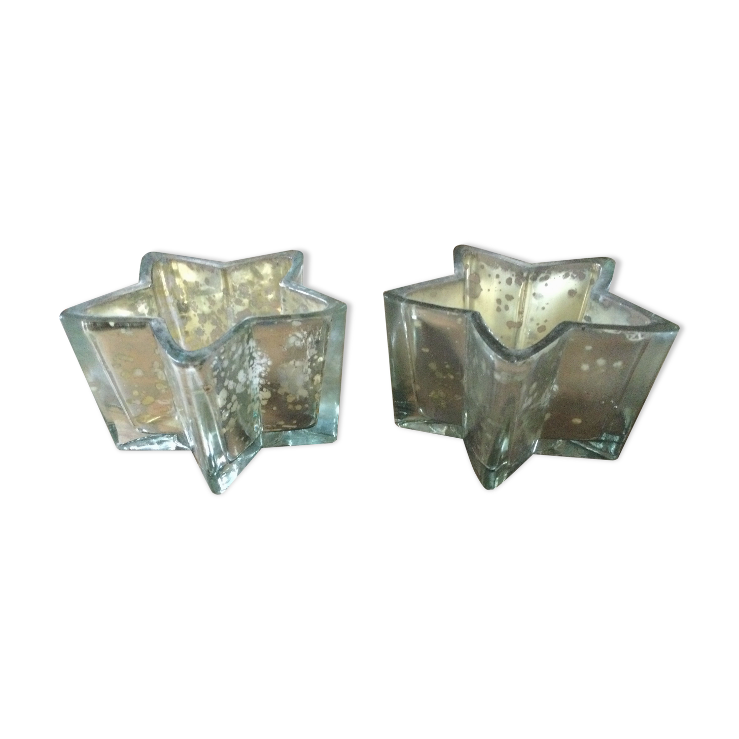 Pair of mercurized glass candle holders in the shape of stars
