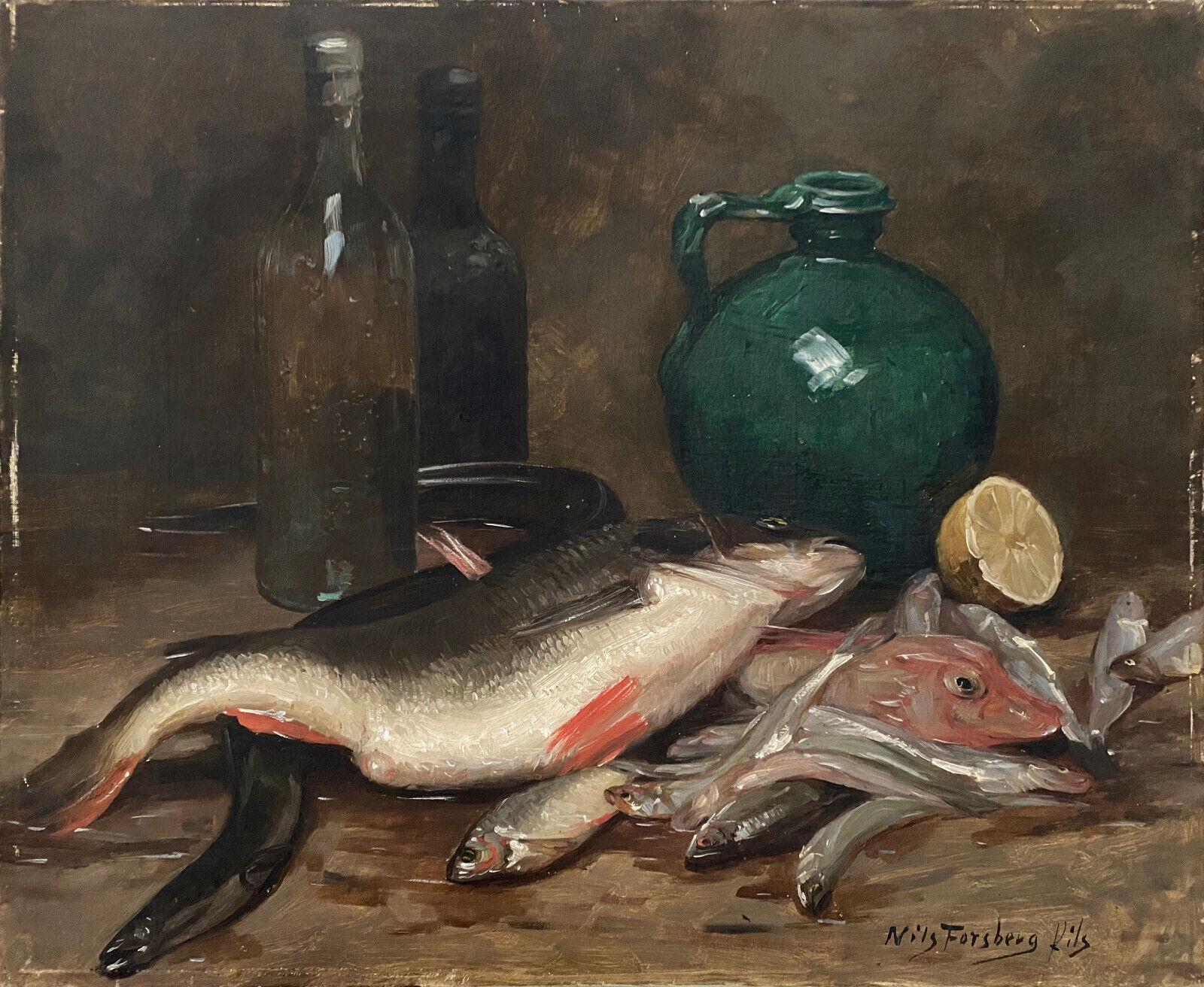 HST painting "Still Life with Fish" HST signed Nils II Forsberg