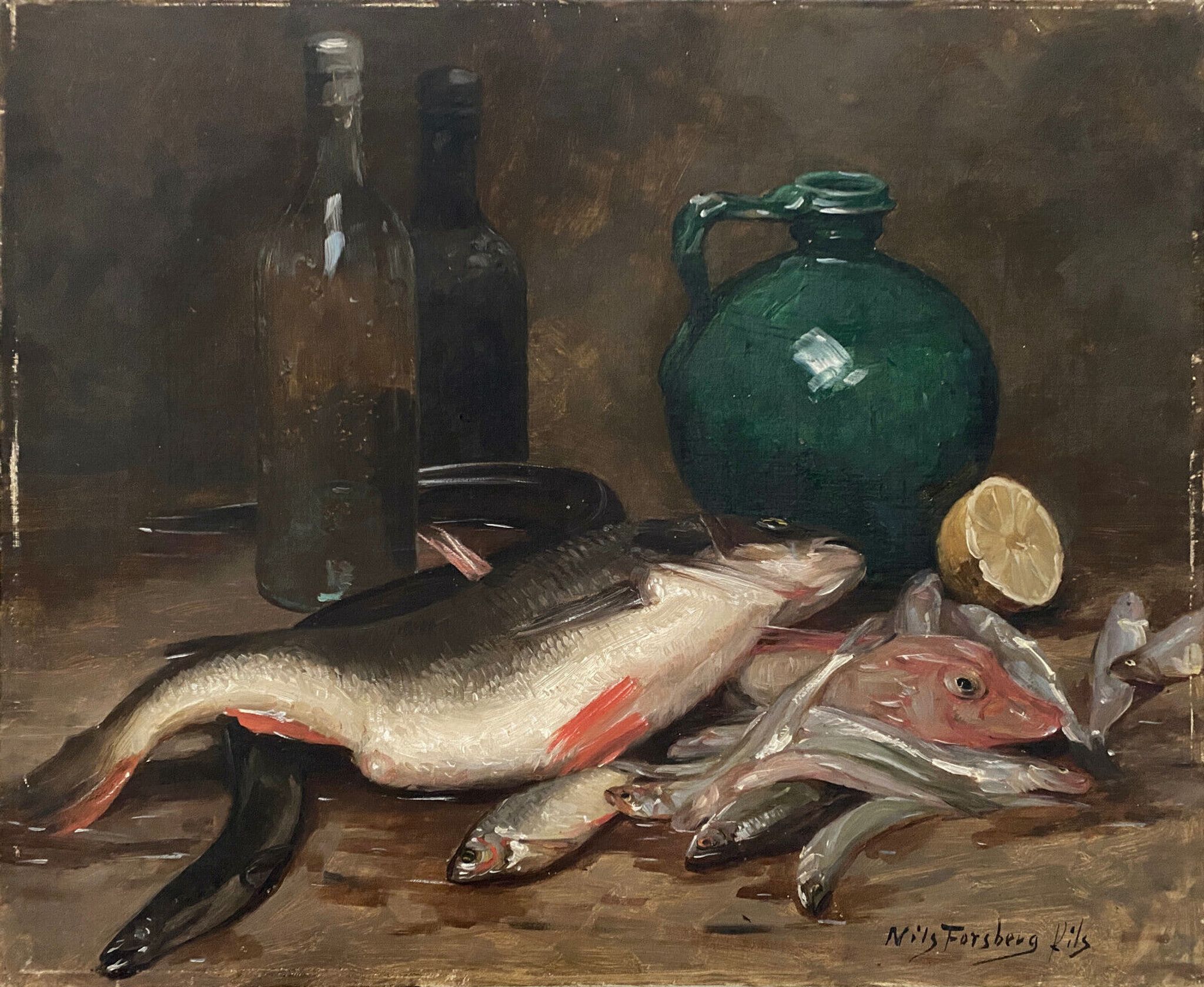 HST painting "Still Life with Fish" HST signed Nils II Forsberg