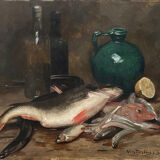 HST painting "Still Life with Fish" HST signed Nils II Forsberg