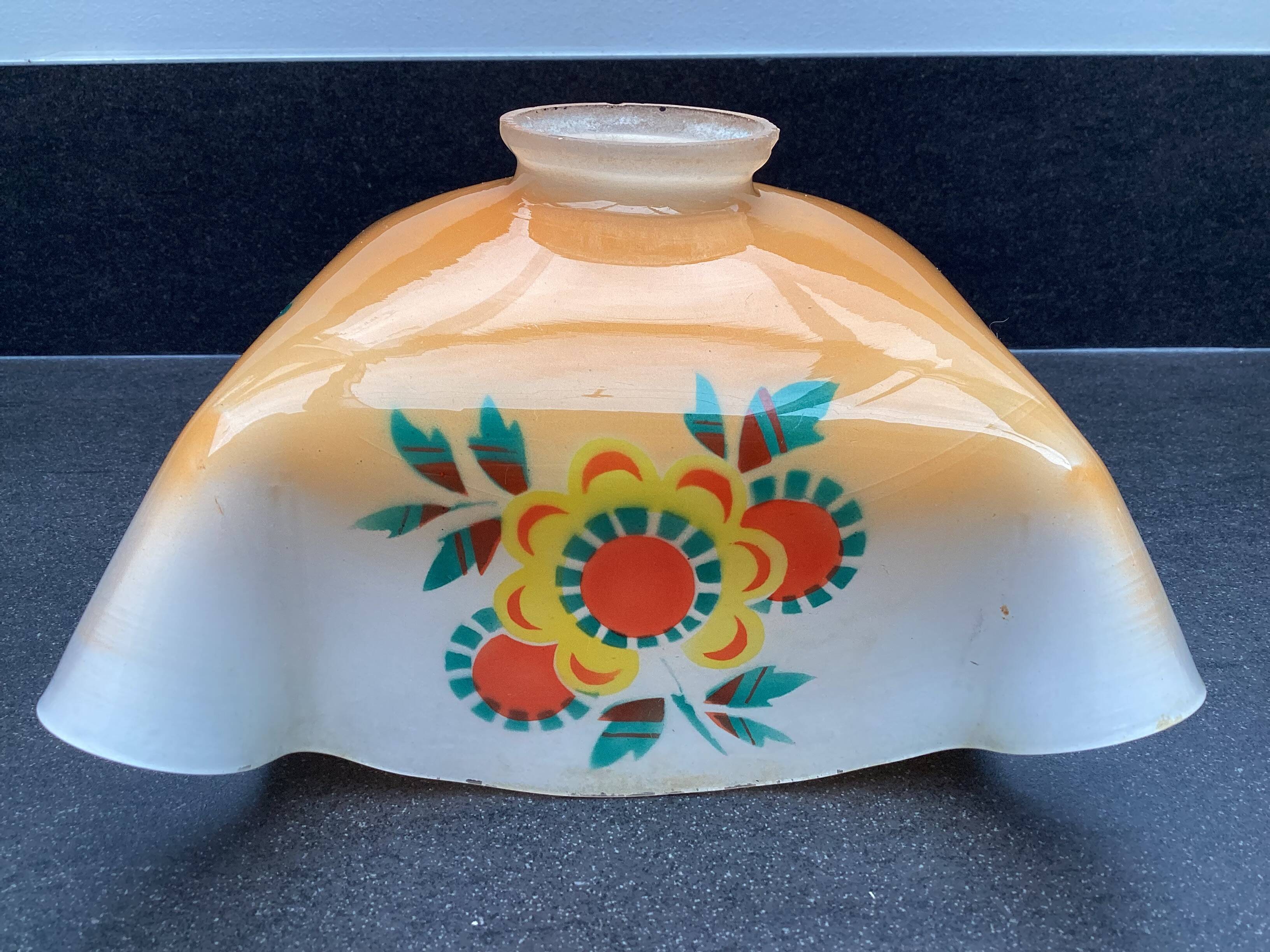 Vintage patterned painted glass pendant lampshade, Czechoslovakia