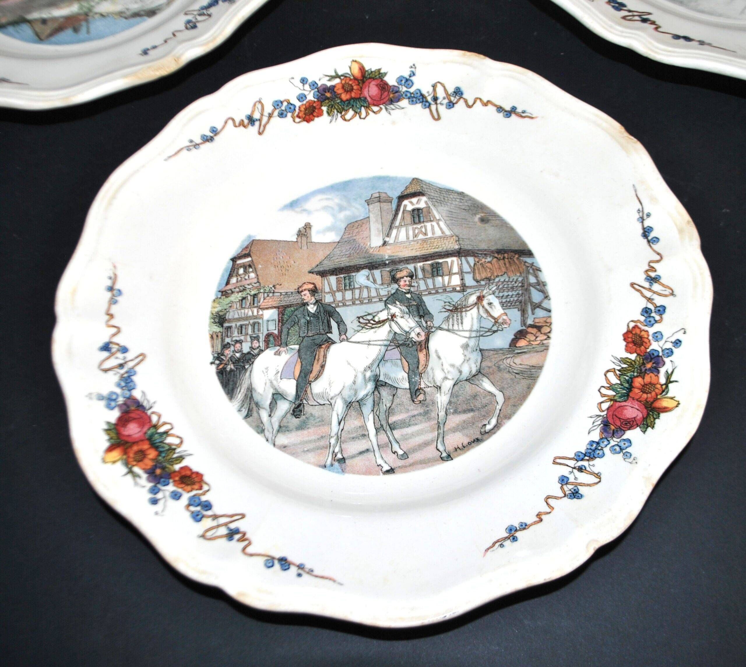 Sarreguemines set of 6 flat plates Obernai village Alsace by Loux
