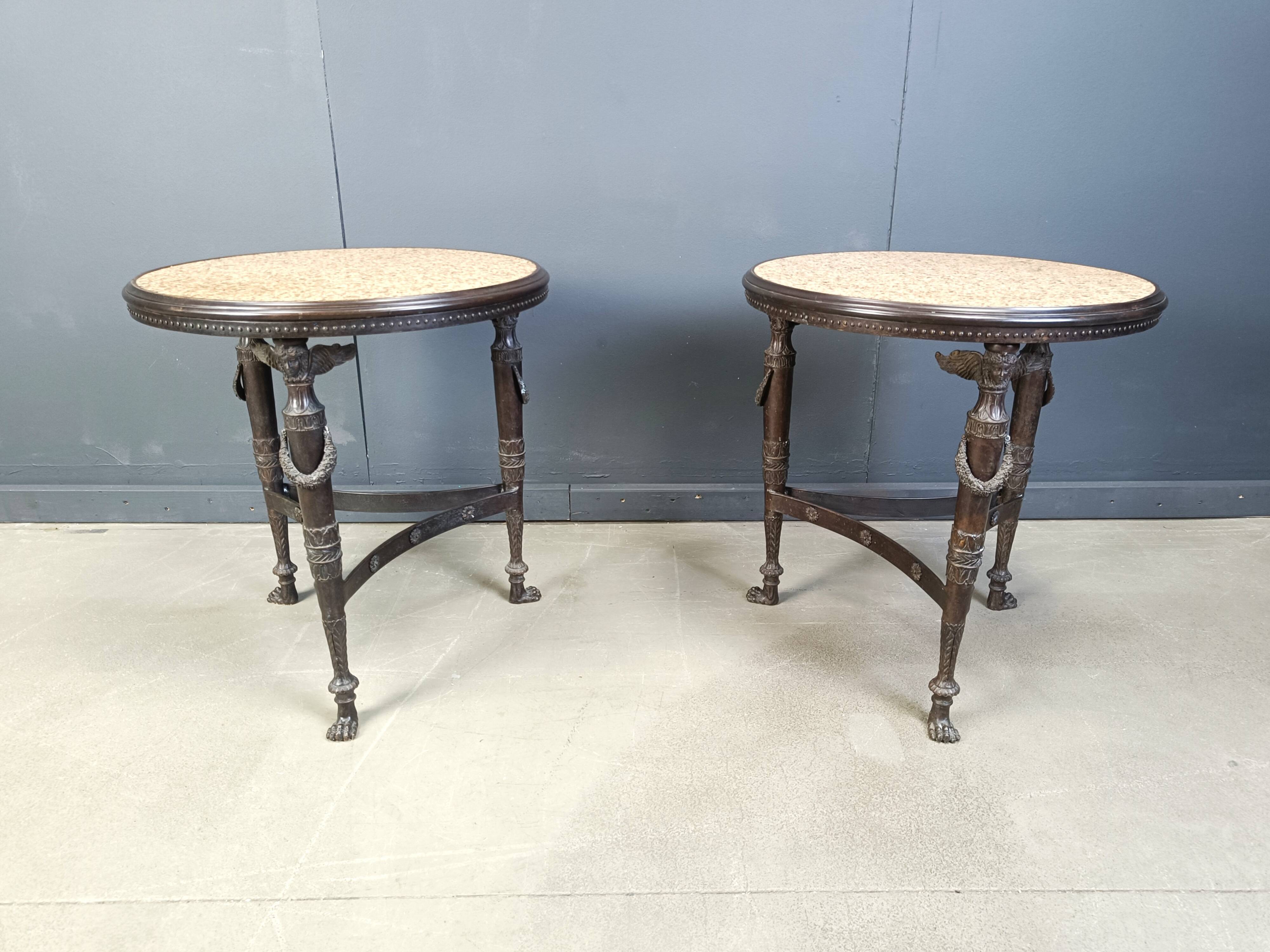French Empire style marble and bronze side tables, 1950s