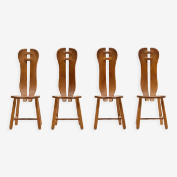 Ensemble de 4 chaises de salle à manger brutalistes en chêne fabriquées par Kunstmeubelen de Puydt, Belgique années 70.