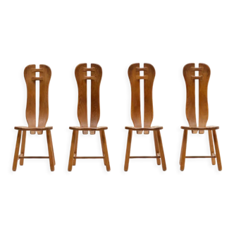 Set of 4 brutalist oak dining chairs made by Kunstmeubelen de Puydt, Belgium 70s.