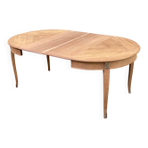Table à manger ronde extensible décapée en merisier marqueterie Louis XVI 1
