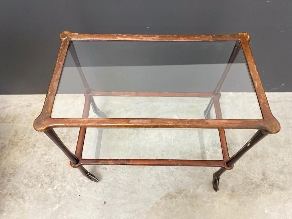 Wooden dessert and wheeled glass