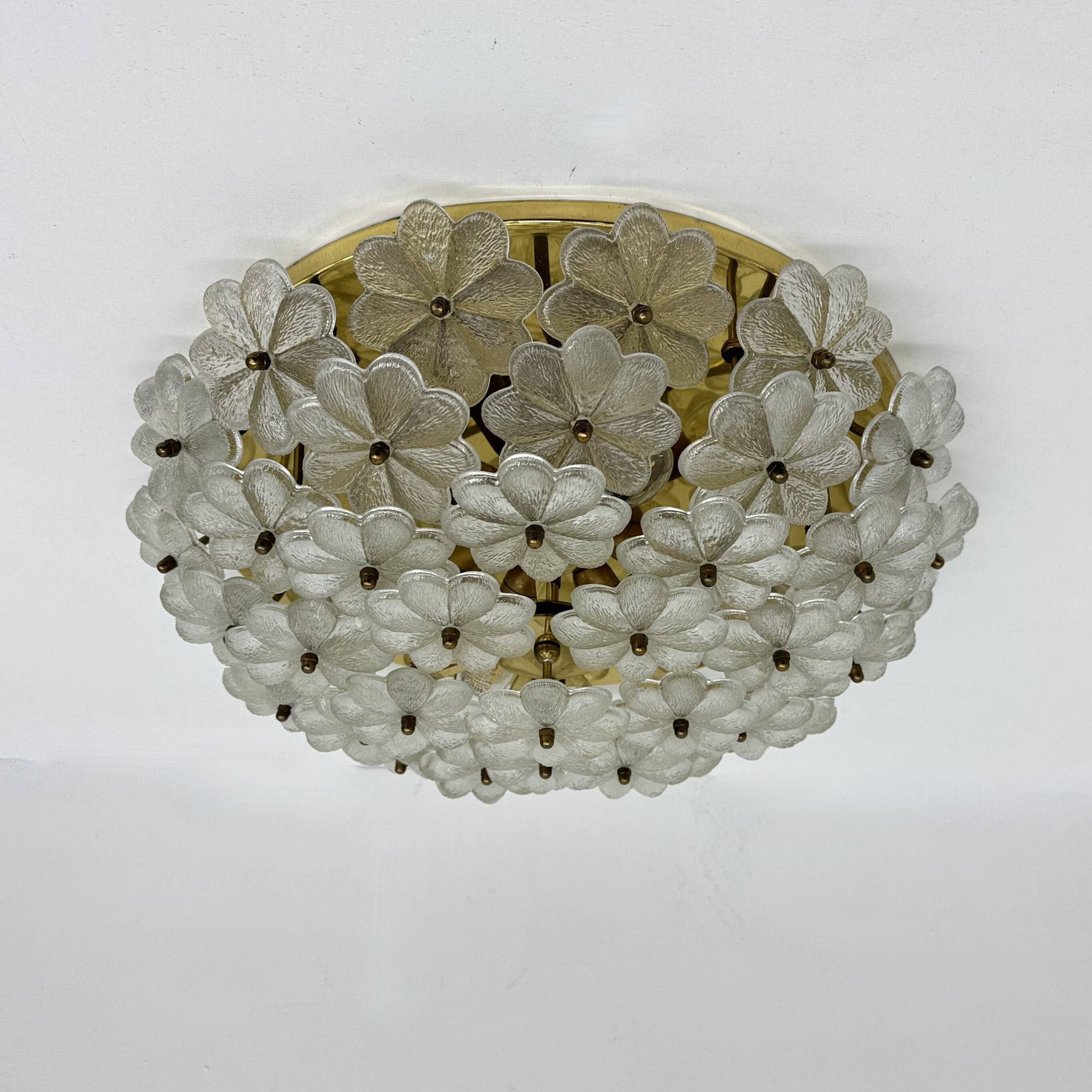 Large Floral Crystal Glass Flush Lamp by Ernst Palme , 1970s