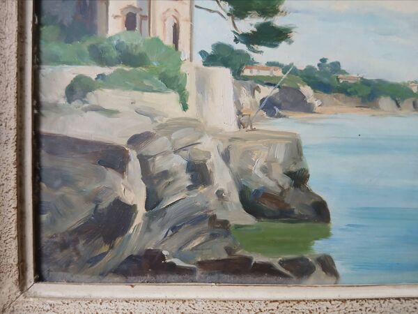 Tableau vintage paysage côtier avec pêcheur solitaire