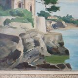 Vintage painting of a coastal landscape with a solitary fisherman.