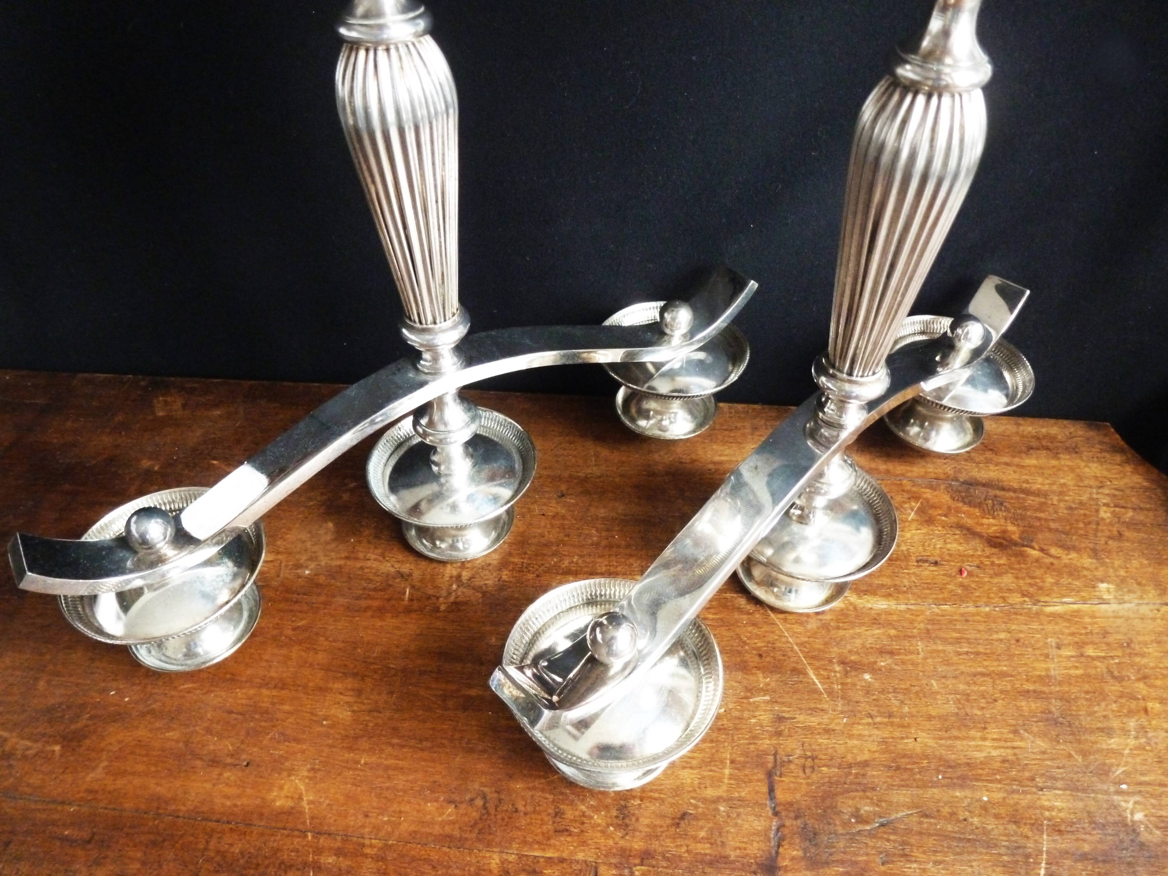Pair of silver metal candlesticks / 3-branch silver metal candelabras.