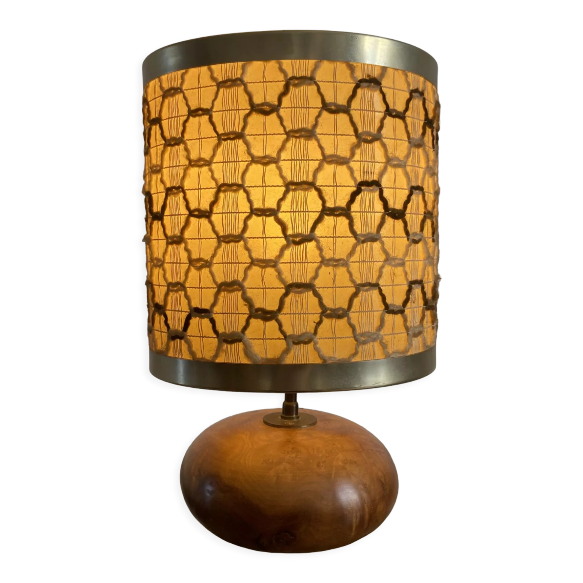 Vintage table lamp in wood magnifying glass and braided wool