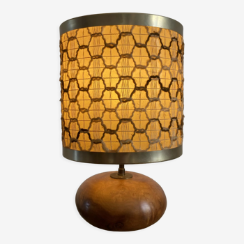 Lampe à poser vintage en loupe de bois et laine tressée