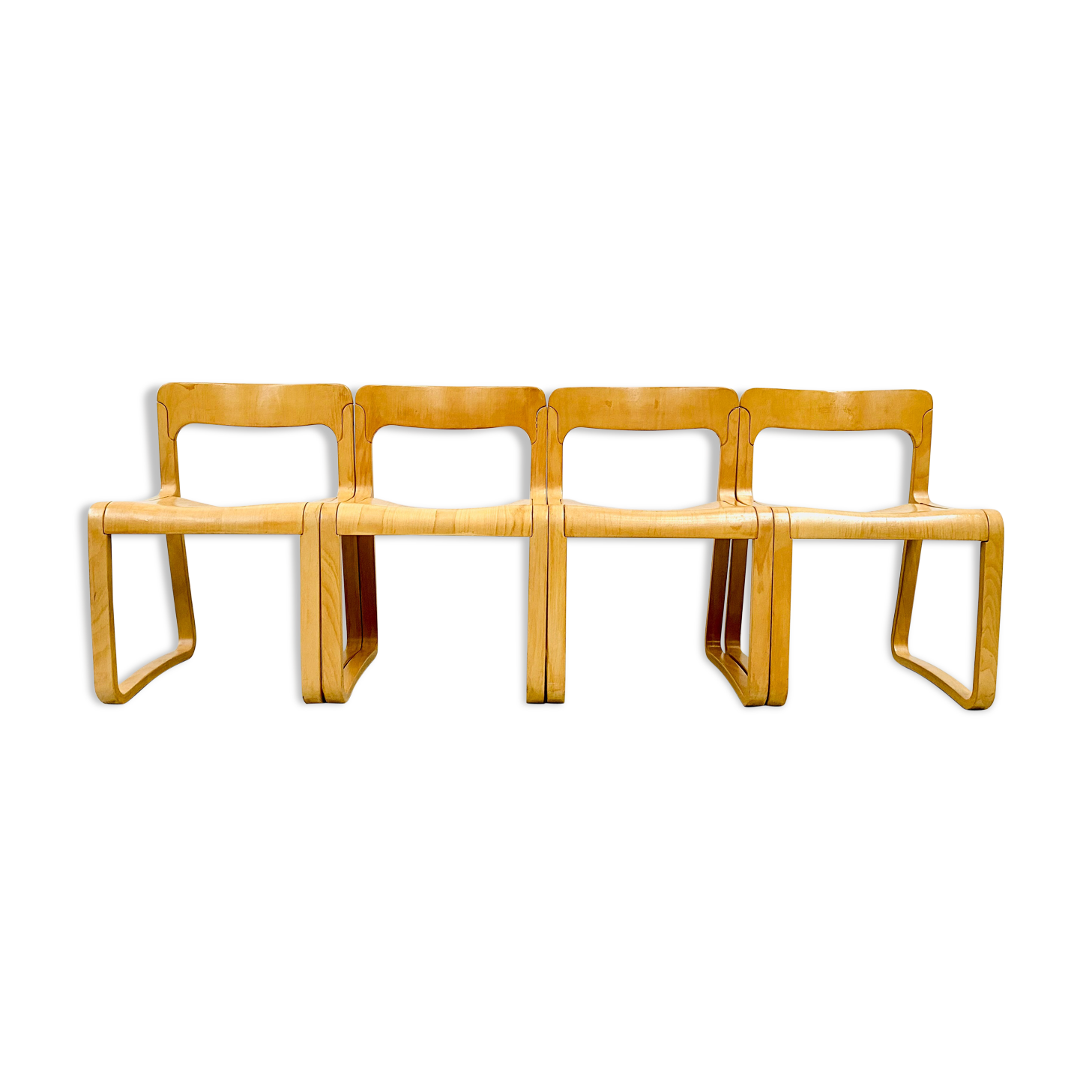 Lot de 4 chaises traîneau italiennes d'époque en hêtre contreplaqué moulé