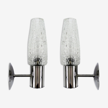 Set of two glass and chrome metal wall lamps, 1960s