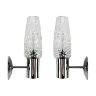 Set of two glass and chrome metal wall lamps, 1960s