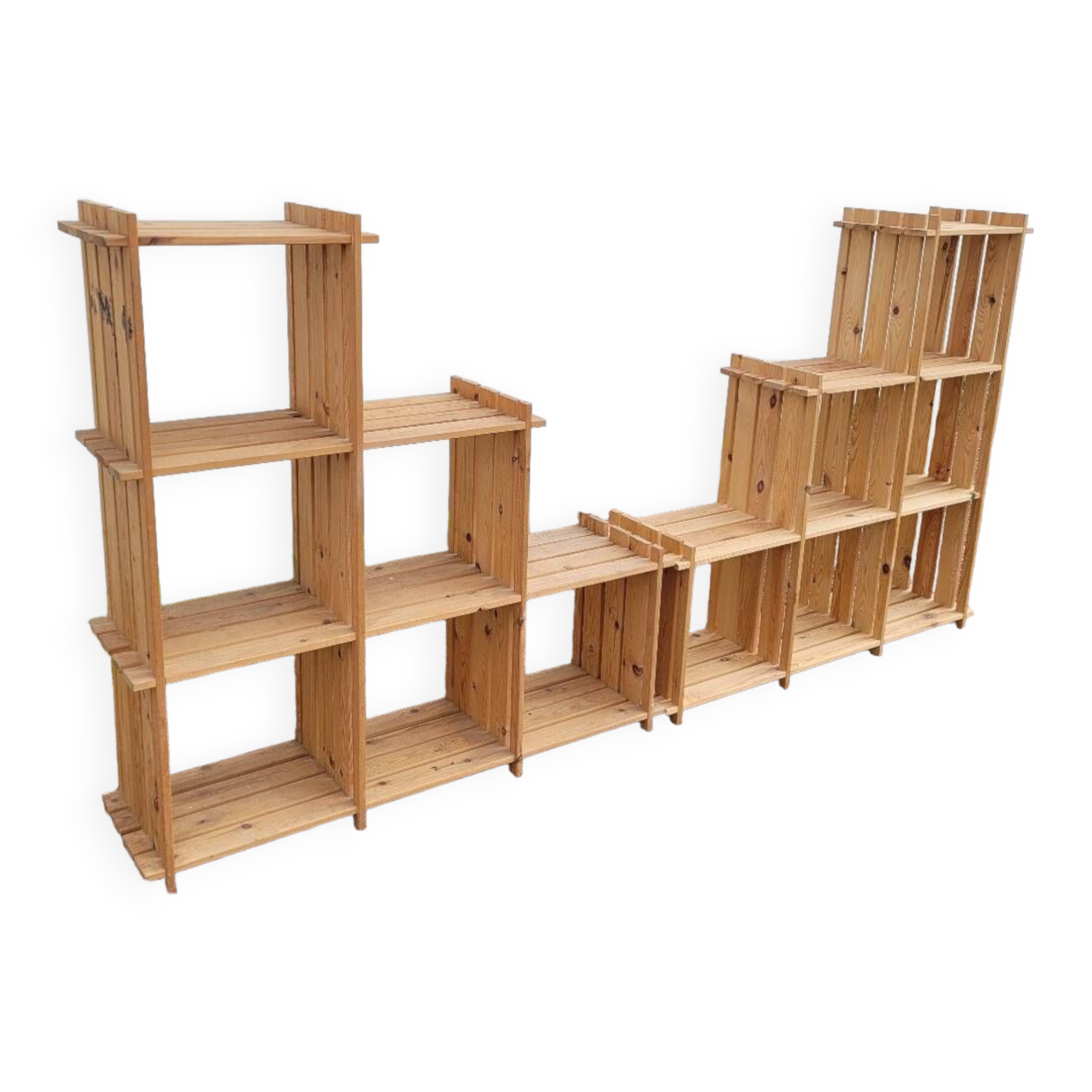 Pair of vintage pine "staircase" bookcase shelves - 1970s