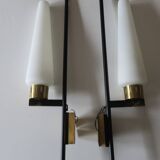 Pair of brass and opaline glass wall lights, Stilnovo period, Italy 1940-50