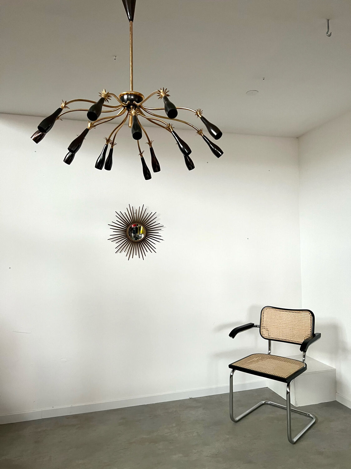 Old spider chandelier Italian metal, vintage Sputnik lamp 15 lights