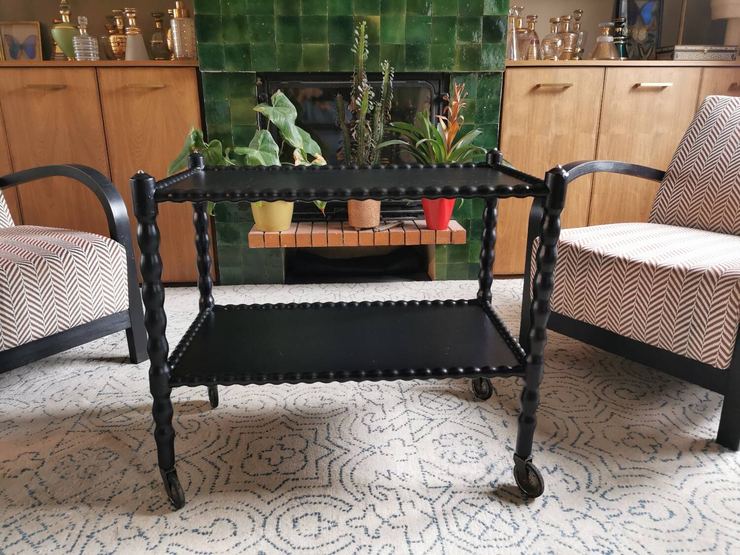 Vintage black rolling serving cart